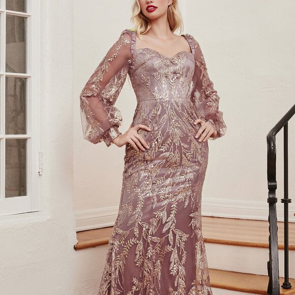 long sleeve off the shoulder mermaid gown floor length - Picture 3 of 8